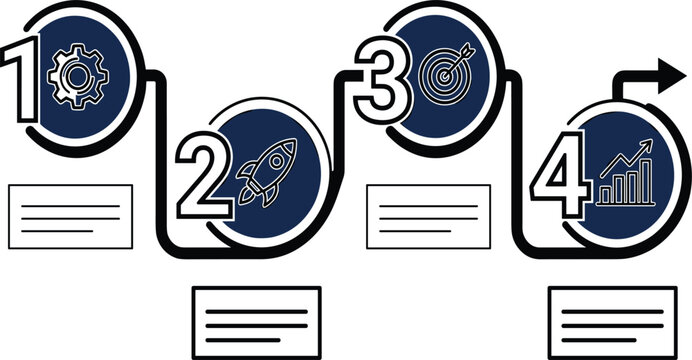 Business infographic roadmap workflow vector template featuring four steps timeline option with gear rocket target and growth chart