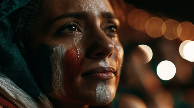Devoted Fan's Tears: A close-up shot captures the raw emotion of a passionate fan with face paint, draped in a flag, as tears stream down her cheeks.