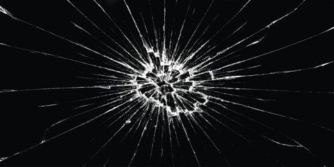 Fototapeta premium Shattered broken glass texture with radial cracks isolated on black background