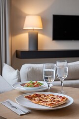 Fototapeta premium Minimalist coffee table displays a delicious pizza and fresh salad alongside sparkling water, creating a cozy dining atmosphere in a modern living space