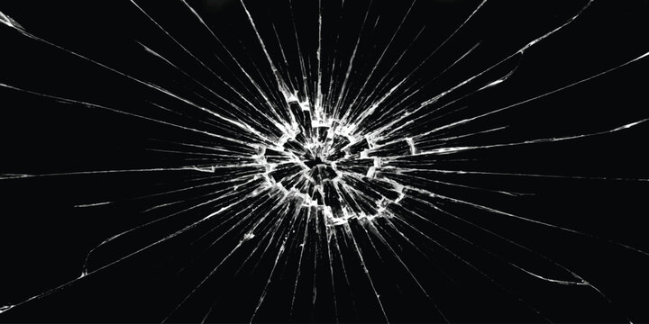 Shattered broken glass texture with radial cracks isolated on black background