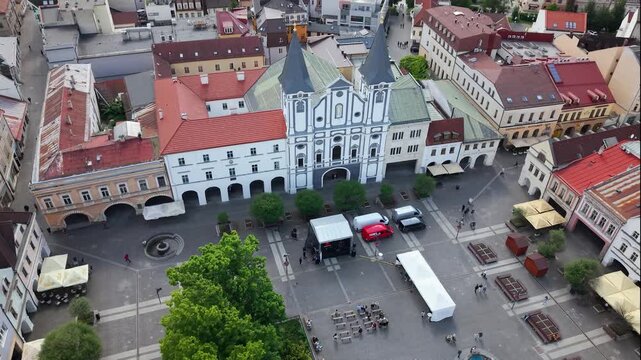Aerial Drone Views of Mari&aacute;nske N&aacute;mestie and Church of the Conversion of Saint Paul in Žilina, Slovakia