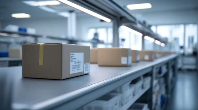 Wide backroom view showcasing a single box on a table, surrounded by organized shelves, emphasizing a clean and efficient workspace atmosphere for commercial use