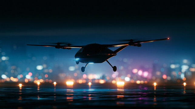 Futuristic eVTOL Drone Landing at Night: A cutting-edge electric vertical takeoff and landing (eVTOL) drone descends onto a landing pad at night.