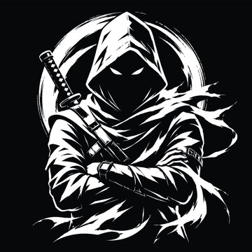 Hooded ninja assassin vector illustration. Mysterious rogue warrior with katana sword on back, faceless shadow cyberpunk character mascot design. White line art graphic isolated on black background.