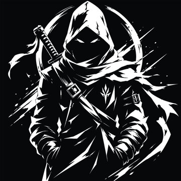 Hooded ninja assassin vector illustration. Mysterious rogue warrior with katana sword on back, faceless shadow cyberpunk character mascot design. White line art graphic isolated on black background.