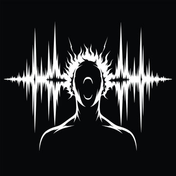 Screaming man with sound waves vector illustration. Faceless male silhouette shouting with audio equalizer spikes, anger, stress or mental health concept. White line art graphic isolated on black back