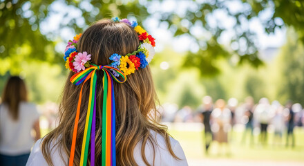 Naklejka premium Woman's back with a vibrant flower crown adorned with rainbow ribbons, symbolizing pride and celebration in a park setting, creating a festive atmosphere