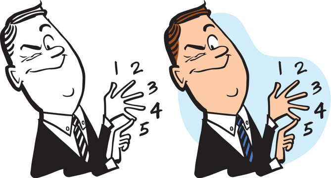 A vintage retro cartoon of a winking businessman counting on his fingers. 