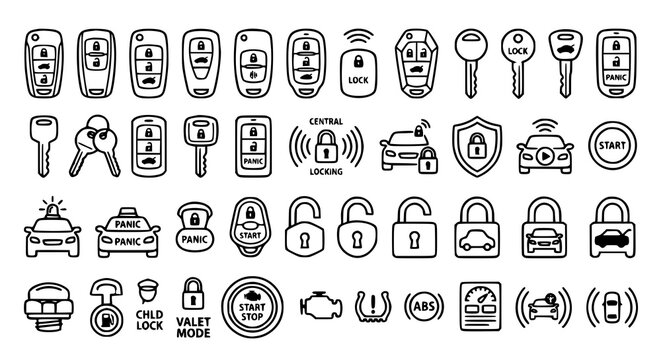 Vehicle remote and smart car key outline icon collection vector illustration