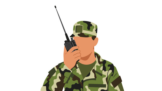 A military professional dressed in green pattern camouflage uniform uses a handheld walkie-talkie radio device while standing isolated on a bright white background.