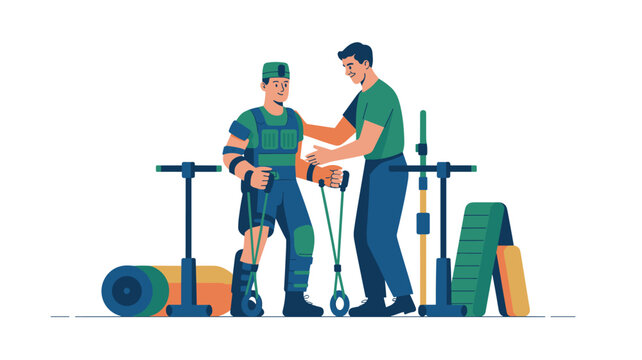 A physical therapist helps a young soldier train with advanced exoskeleton equipment and resistance bands during a rehabilitation session in a clean studio space.