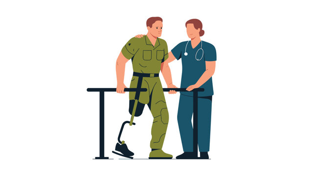 A dedicated healthcare worker with a stethoscope assists a military patient with a prosthetic limb as he practices walking between parallel bars in a clinic.