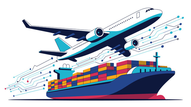 A commercial cargo plane flies over a freight ship with stacked shipping containers while digital circuit lines connect the two modes of global logistics transport.