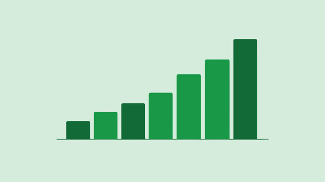 A series of seven ascending green bar graph pillars sit aligned on a flat horizontal line against a smooth light green background with balanced saturated tones.