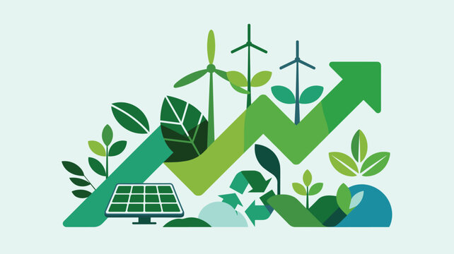 A large green arrow pointing upward overlays icons of wind turbines and solar panels surrounded by stylized leaves on a light green background with bright tones.