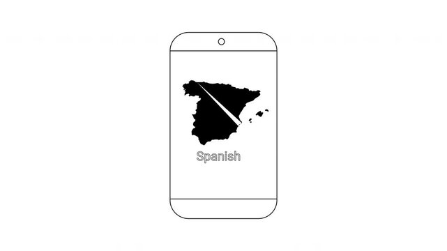 Smartphone displaying map of Spain and the word Spanish.