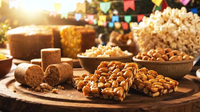 Traditional Brazilian Festa Junina sweets table with pa&ccedil;oca, candy apples, sweet popcorn and homemade treats in a warm countryside celebration atmosphere captured in cinematic 4K