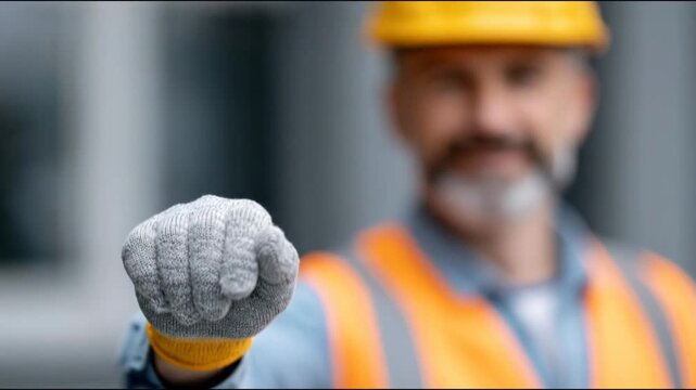 Male construction worker in safety gear raises hand with gray glove, signaling stop, wearing orange vest and yellow hard hat, blurred background of construction site