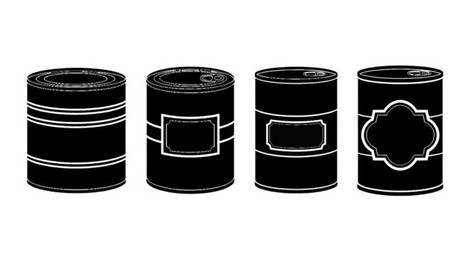 Minimal black silhouette icon, simple flat vector, bold black shape, no, no shading set of four different tin cans with labels on a, flat icon style