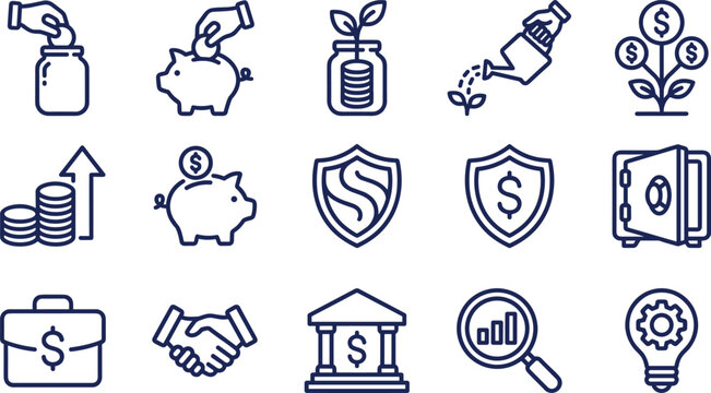 Business Finance and Banking Icon Set Featuring Money Growth Trees Savings Piggy Banks Security Shields and Investment Analysis Symbols in Minimalist Black Line Art Style
