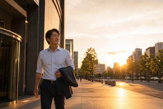 夕暮れのオフィス街を歩くビジネスマン