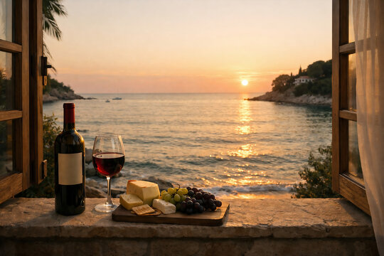 Romantic seaside sunset view through an open window with wine, cheese, and olives on a rustic table, creating a luxurious Mediterranean escape.