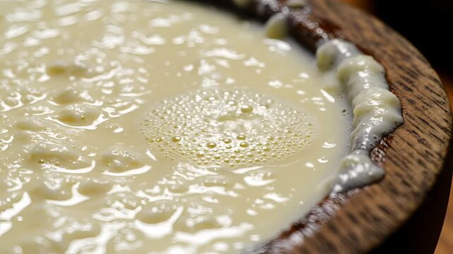Closeup of a creamy bubbling cheese fondue in a wooden bowl.
