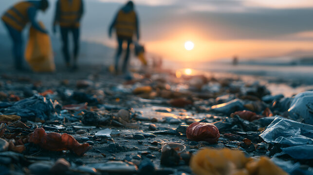 Volunteers clean beach as sunset approaches in community effort to remove litter and protect the environment