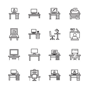 Workplace office desk setups with computers and chairs in a clean line art style