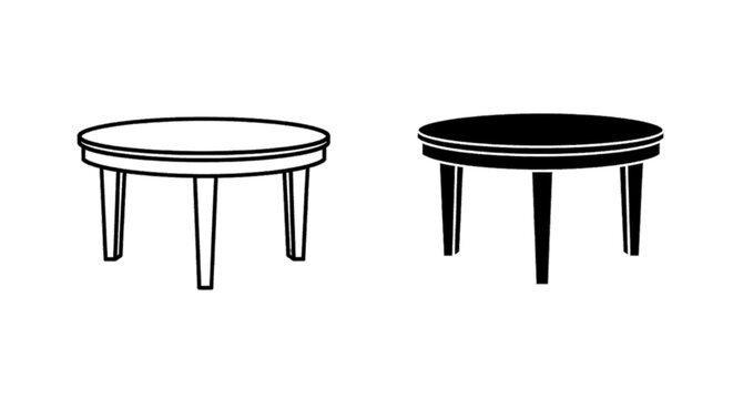 Minimal black silhouette icon, simple flat vector, bold black shape, no, no shading set of round tables with four legs, outline and silhouette icons on a, flat icon style