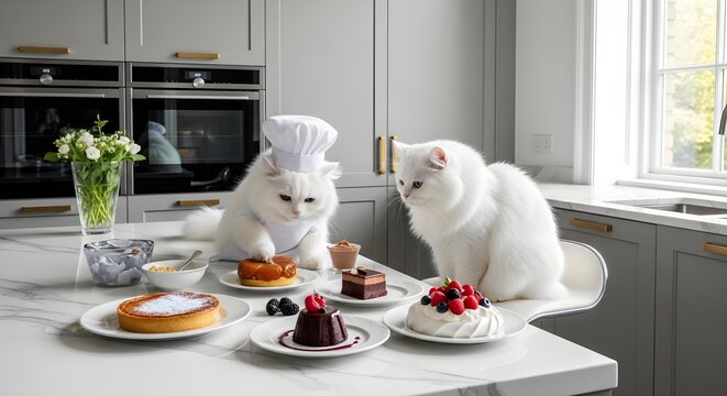 Adorable white chef cats in modern kitchen, fluffy kittens preparing gourmet desserts and pastries, whimsical feline bakery scene with sweet treats