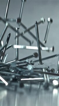 Long nails in energetic lift and scatter across textured floor, crisp Filmed on a high-speed camera at 1000 fps.