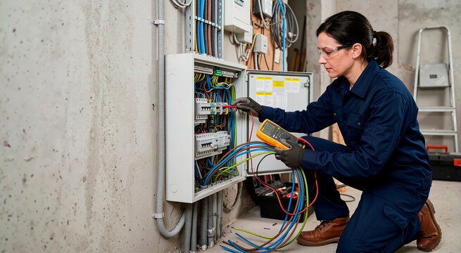 Female electrician testing cable connection. Woman technician using multimeter in basement