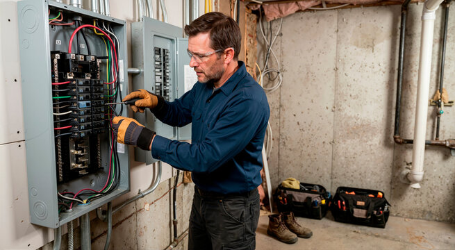 Male electrician in safety gloves connecting wires inside a breaker panel. Professional technician using a screwdriver for electrical repair and maintenance in a basement