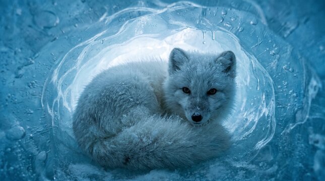 Arctic fox inside blue ice cave with glowing reflections and cinematic atmosphere.