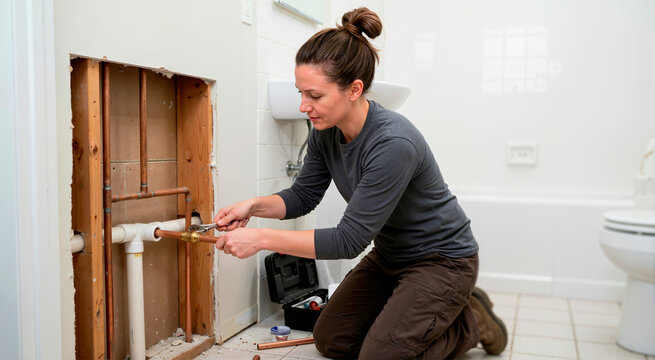 Woman replacing a copper pipe inside a bathroom wall. Home plumbing repair and renovation