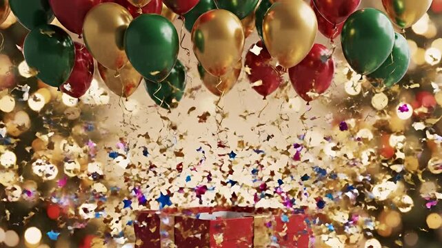 Festive Surprise Gift Box Explodes with Balloons and Confetti.