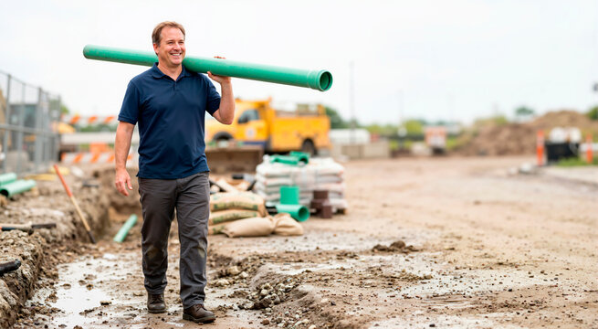 Smiling male worker carrying large green plastic pipe on shoulder. Confident plumber walking at outdoor construction site. Infrastructure repair and installation
