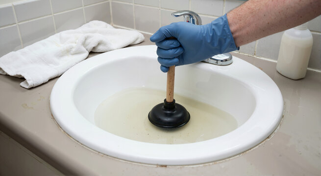 Close-up of gloved hand using plunger on clogged bathroom sink. Dirty standing water in white ceramic basin. Household plumbing repair and drain cleaning concept