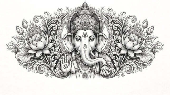Lord ganesha ornate pencil sketch with lotus and decorative floral scroll border design