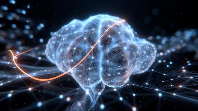 Glowing brain shape made of light lines in digital style on dark background, concept of intelligence and neural connectivity