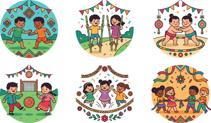 Obraz premium Children Playing Global Traditional Games Vector Set Featuring Sumo Wrestling Stilt Walking Soccer and Tug of War for Cultural Education and Kids Event Graphics