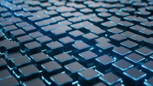 Rows of glowing cubes in sleek digital style on a dark background, concept of advanced technology and innovation in modern design
