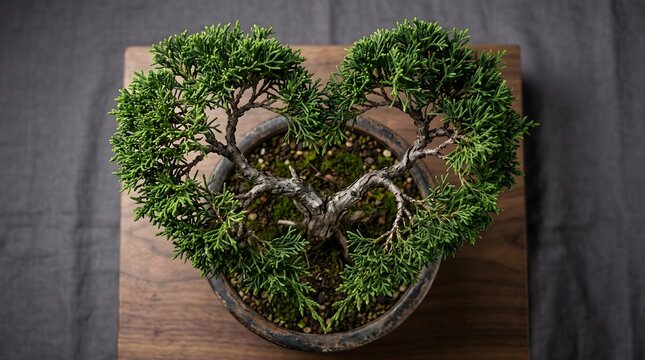 Heart shaped bonsai tree in ceramic pot, romantic green juniper plant on wooden pedestal, zen botanical art for love and wellness concepts