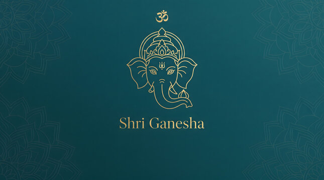Shri ganesha gold line art illustration on teal background with om symbol