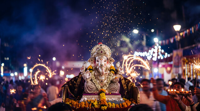 Ganesha procession at night with crowd sparkler and garland under street light