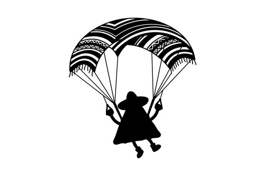 Silhouette of mexican nacho character skydiving with traditional sarape parachute.