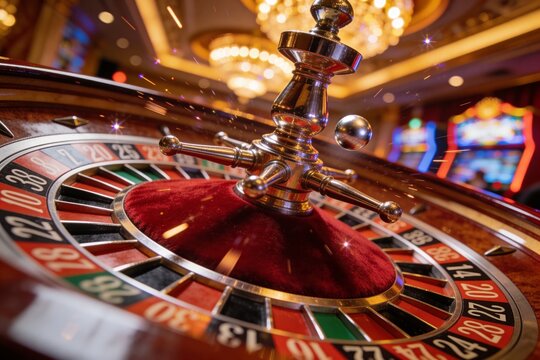 Luxury roulette wheel with flying ball, glowing lights and cinematic motion blur. Vibrant casino gambling atmosphere with HDR reflections and dramatic high stakes energy.