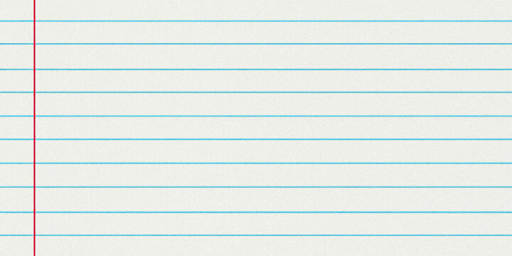 Blank lined notebook paper with red vertical margin line on white background minimalist composition